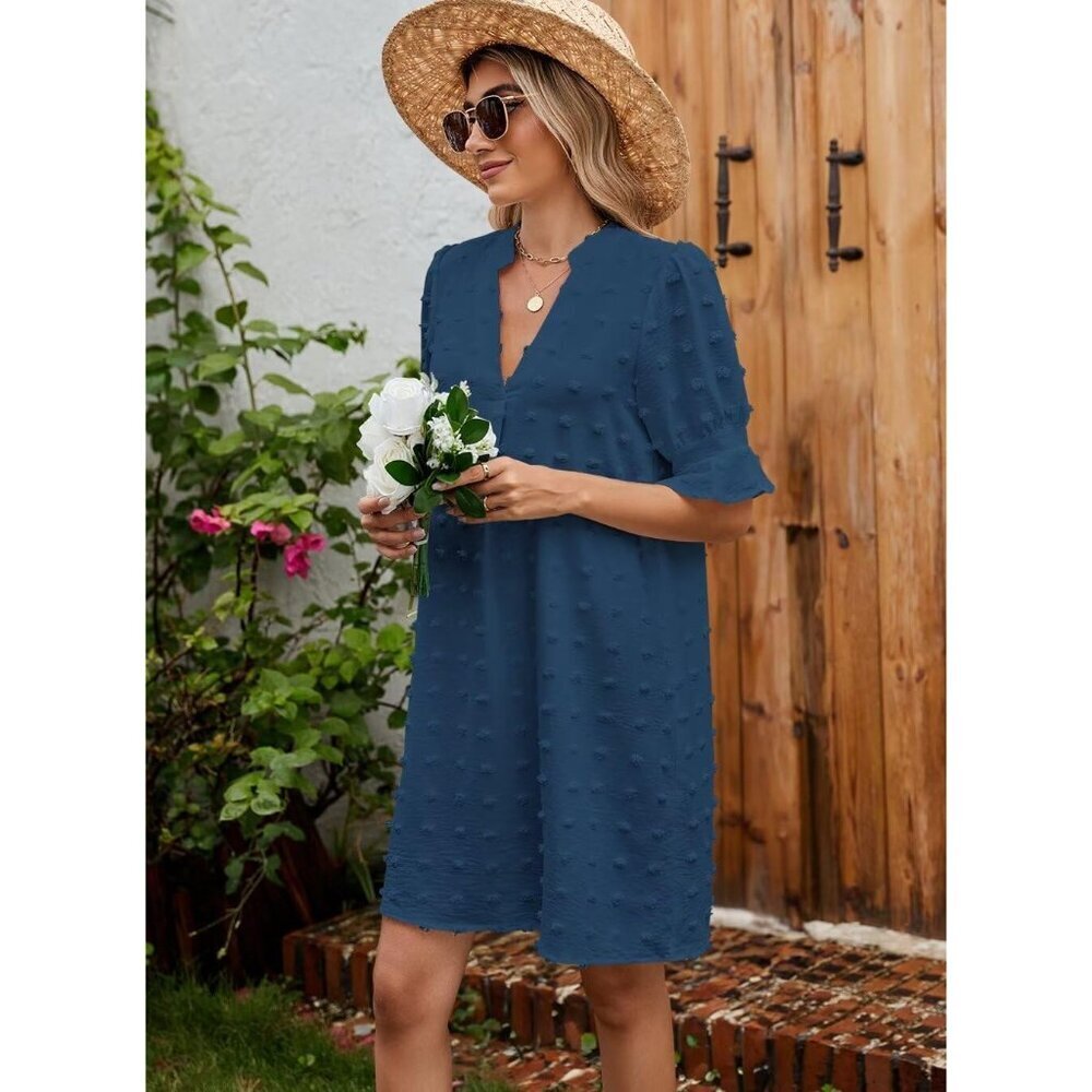Womens Mblue 100%Polyester V-Neck Loose Fit Short Sleeve Knee Length Shift Dress - Picture 3 of 6